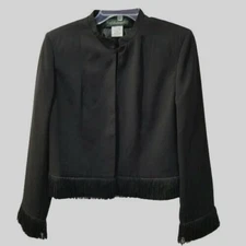 Harve Benard Blazer Jacket Size 12 Black Open Front Fringe Long Sleeves Holiday