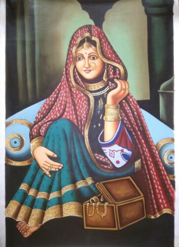Rajasthani Villager Portrait Painting Handmade Miniature Oil Paint Art On Canvas - Afbeelding 1 van 12