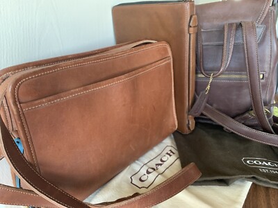 coach brown backpack for ipad LOT OF 3 VINTAGE COACH LEATHER PURSE BACKPACK IPAD CASE BAG
