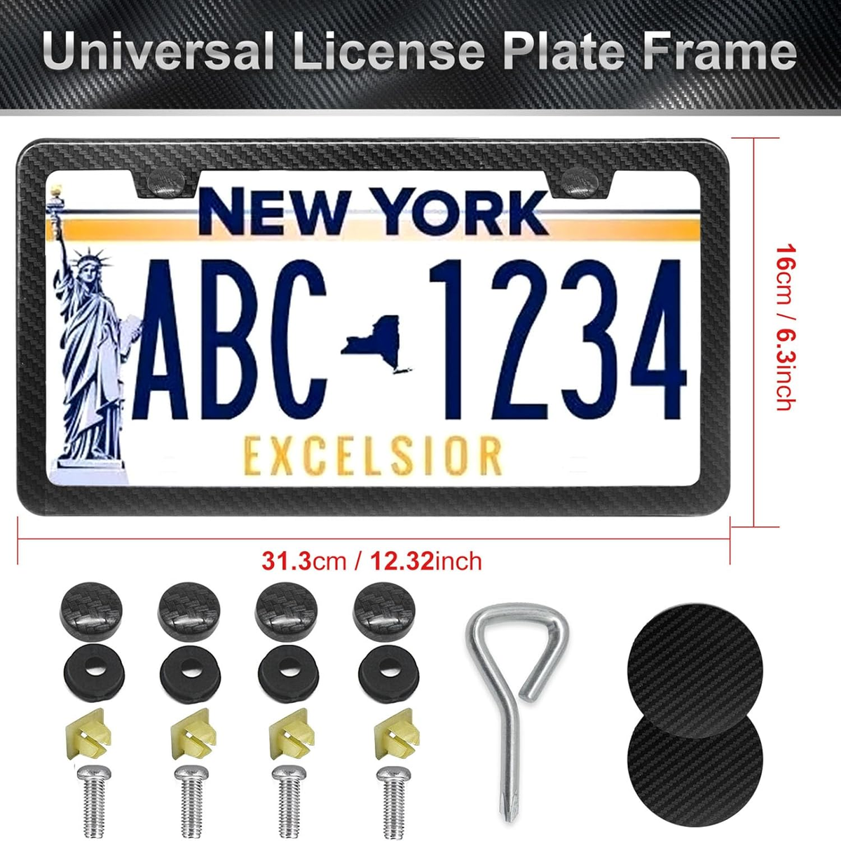 2-Pack Carbon Fiber License Plate Frames With Valve Caps & Coasters - Black, Waterproof, Standard 12.2x6.3 Inch - View #4