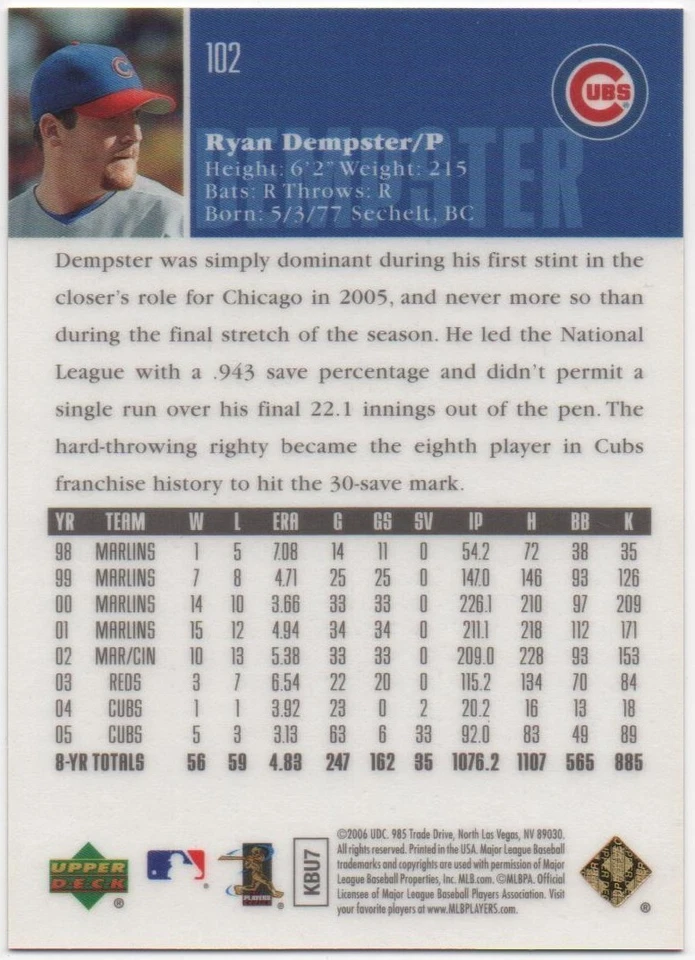Ryan Dempster 2006 UPPER DECK SPECIAL F/X BASEBALL Green #52/99 Cubs - Image 2 of 2