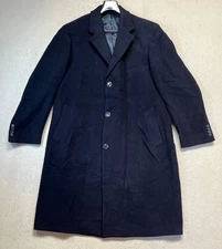 Vintage Prague Cashmere Wool Black Long Pea Coat Italian Fabric Men's Size 46R 