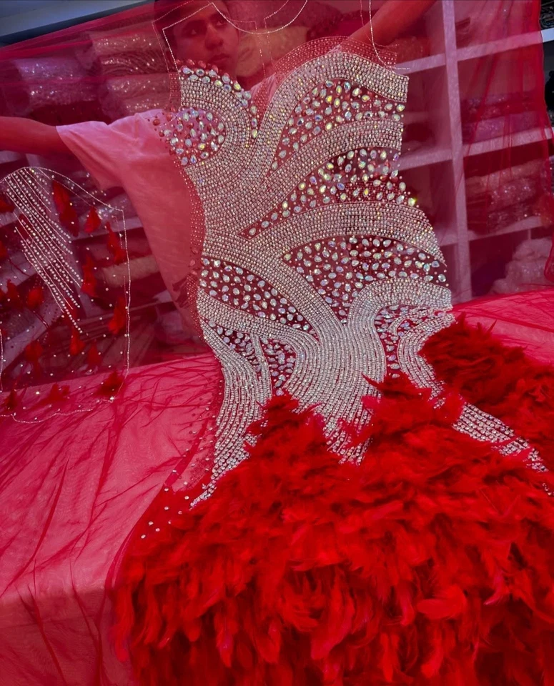 Exclusive Feathers and Rhinestones Crystal Long Front and Back Dress Material - Image 2 of 4