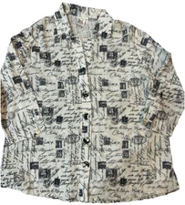 Parsley & Sage Button Up Shirt Sz XL Black White Word Print Tunic Laganlook Top