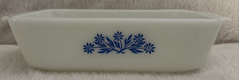 Vintage Anchor Hocking Fire King Milk Glass Blue Flowers Pattern Bread Loaf Pan