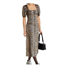 Ganni Ruched Leopard Print Silk Blend Midi Dress Size 34 US 2 XS