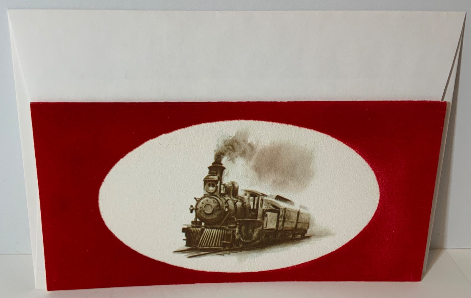 Vintage Norcross Red Flocked Christmas Card UNUSED Steam Engine Train Smoke