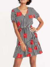 Madewell Red Floral Stripe Faux Wrap Ruffle Dress - Women Size 6