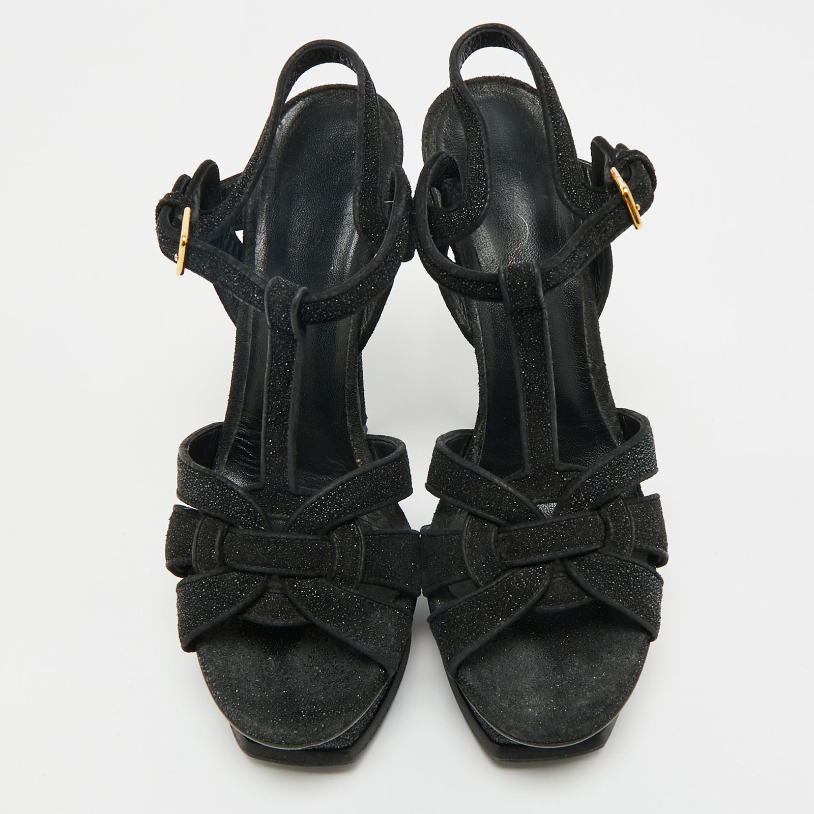 Sandali Saint Laurent Paris neri con plateau omaggio glitter e camoscio taglia 37 5