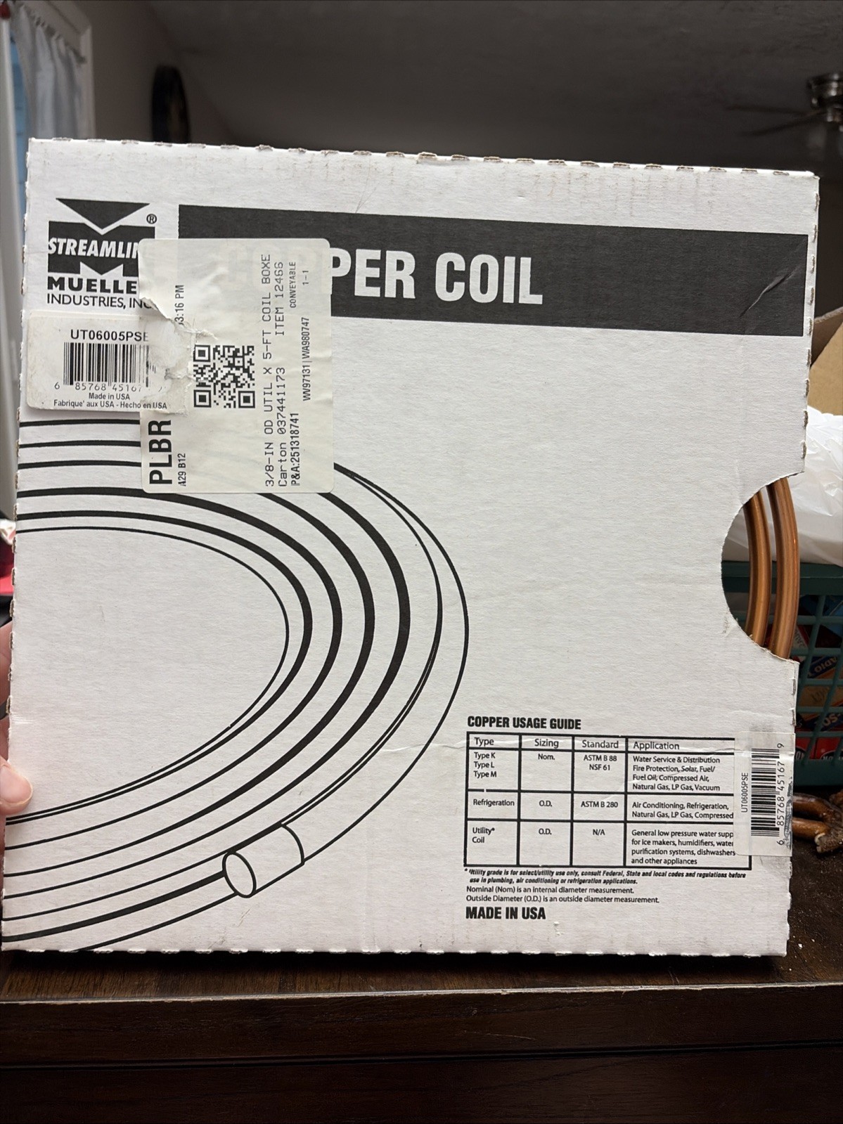Copper Coil Tubing 3/8" O.D. x 5 Ft By Mueller New In Manufacture Package