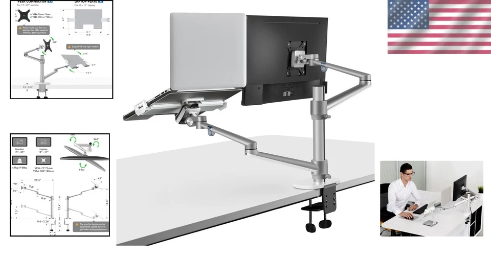 Heavy-Duty Adjustable Dual Arm Monitor and Laptop Mount - Stylish & Functional - Image 2 of 4