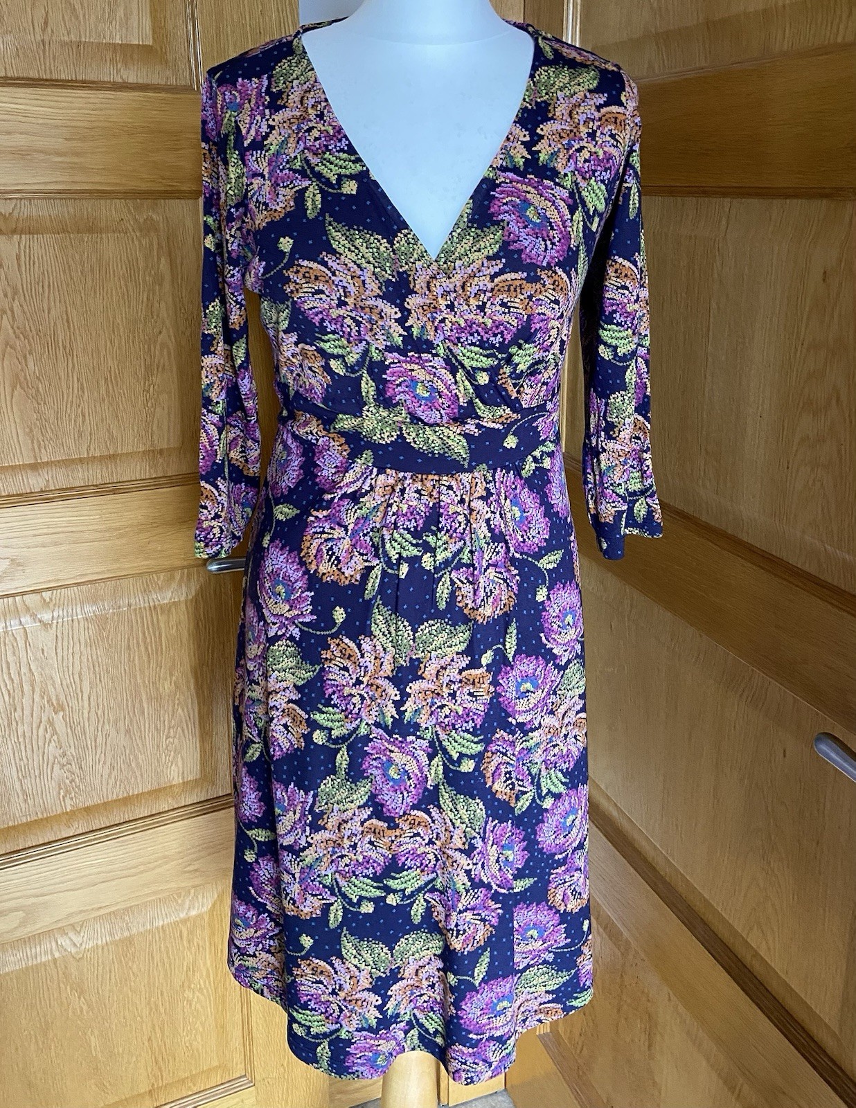 Fat Face Dress Size 12 Navy Pink Wrap Top Sleeve Casual Boho Retro Knee Length image 2