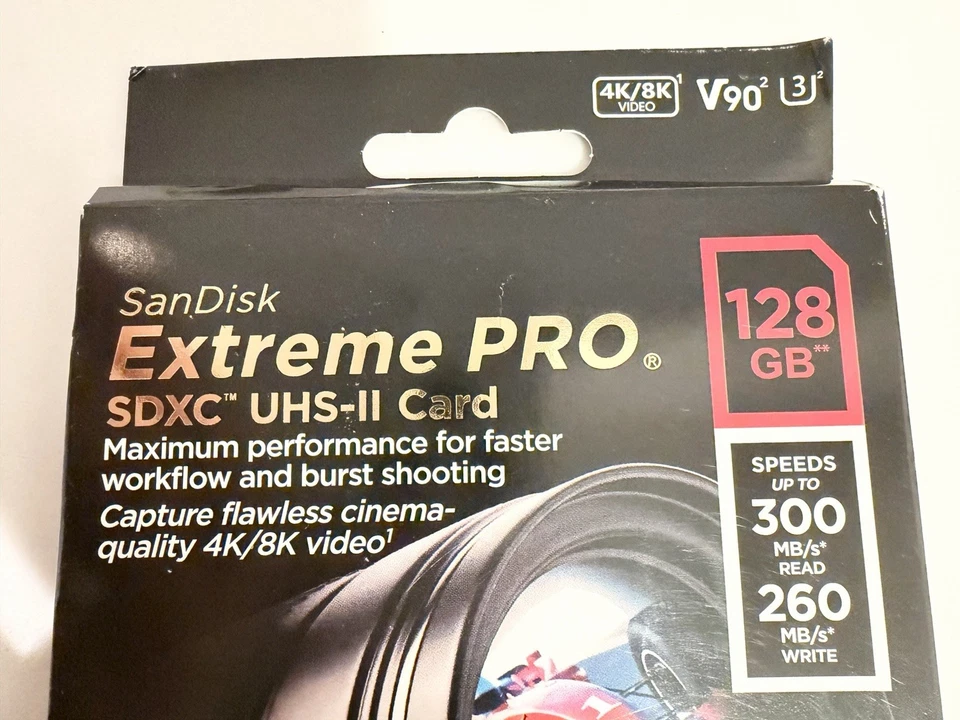 SanDisk 128GB Extreme PRO SDXC UHS-II V90 300MB/s – 8K 4K Video – New Sealed - Image 2 of 4