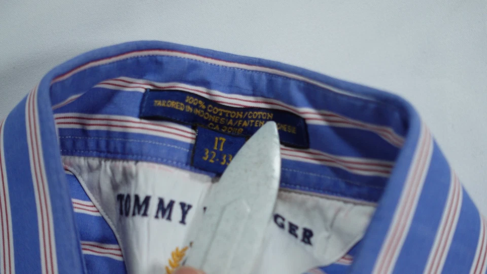 Camisa Tommy Hilfiger Para Hombre 17 32-33 Azul Rojo Rayas Vestido Abotonado Clásico Foto 3 de 4