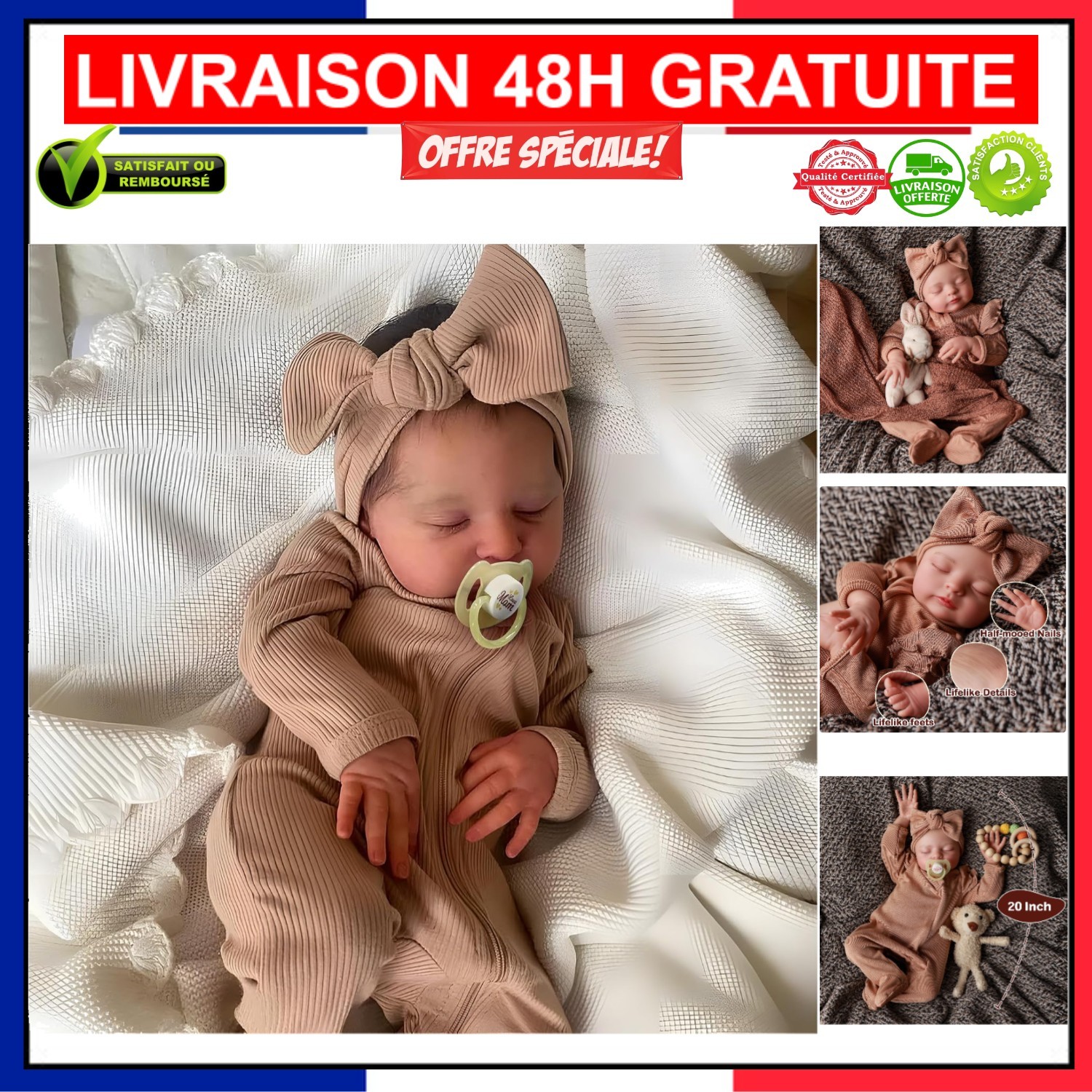 Poupée Reborn fille corps tissu 50cm avec membres articulés en vinyle