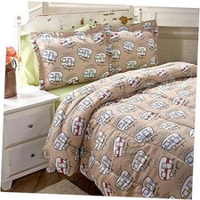 Happy Camper Comforter Set - Cute Bedding for Outdoor Lovers, Kids, Twin Beige