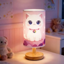 Cat Lamp, Lamps for Girls Bedroom, 3 Colors Nightstand Light Lamp, Round Wood...