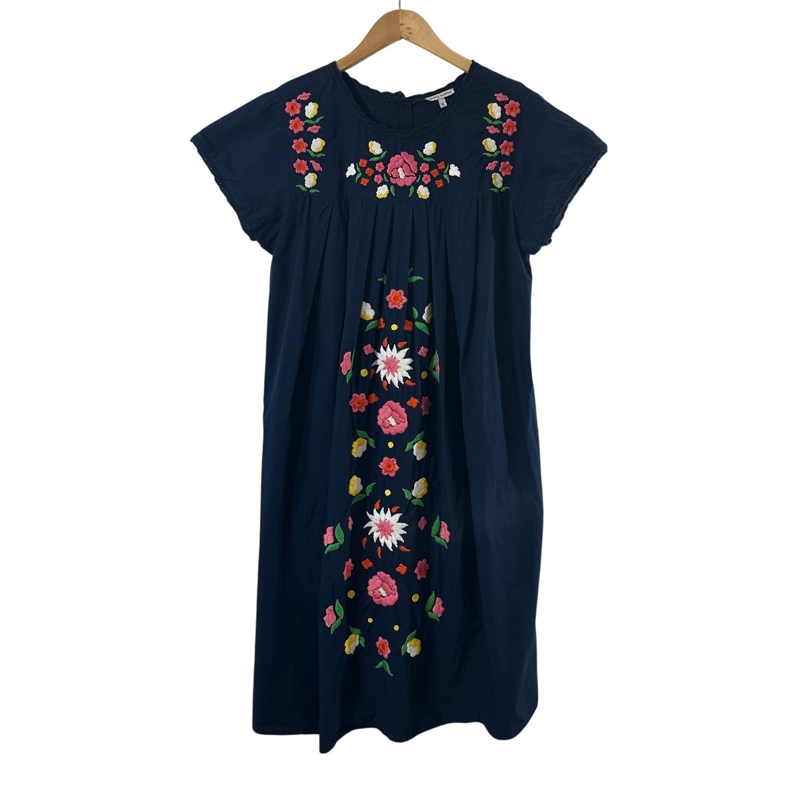 Frances Valentine Blue Floral Embroidered Cotton Shift Dress XL Boho Pockets