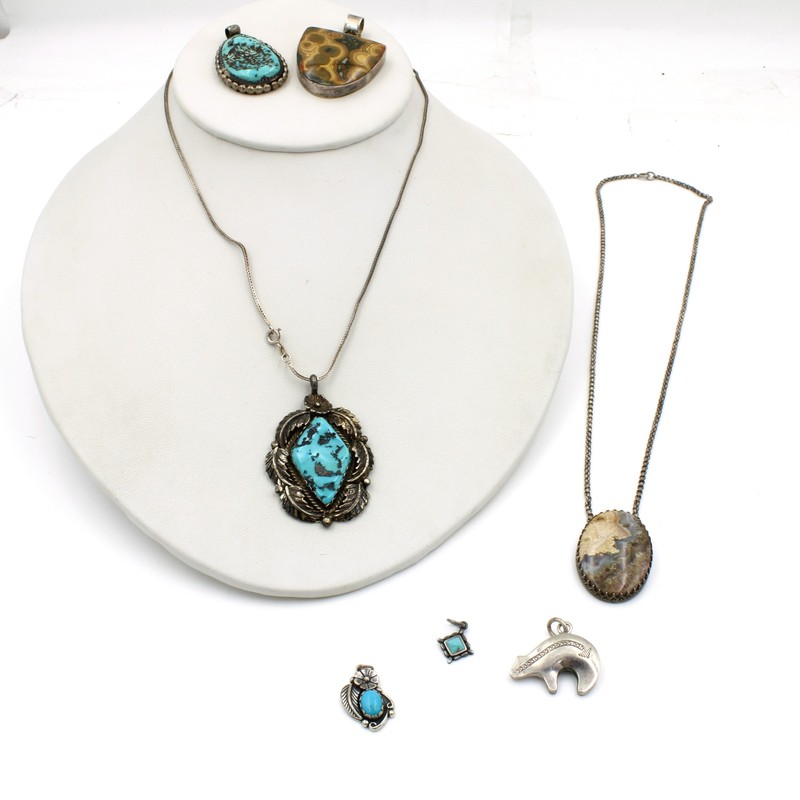 Southwest Sterling Turquoise Agate Bezel Set Necklaces Pendant Lot of 7 #S4562-2