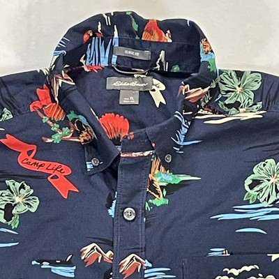 Eddie Bauer Shirt Mens XL Blue Camp Life Get Outside Graphic Hawaiian Aloha