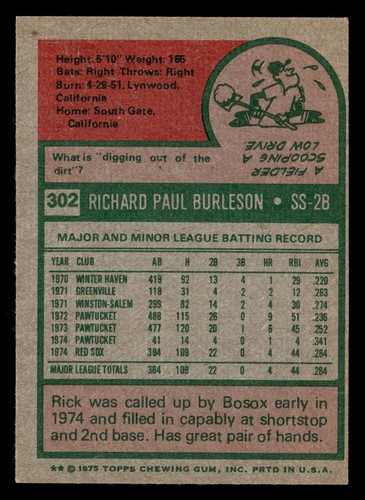 1975 Topps Rick Burleson #302 EX-MT Boston Red Sox Rookie - Bild 2 von 2