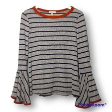 White Birch Bell Sleeve Striped Sweater-Small-Navy-Gray-Contrast Trim-USA Made