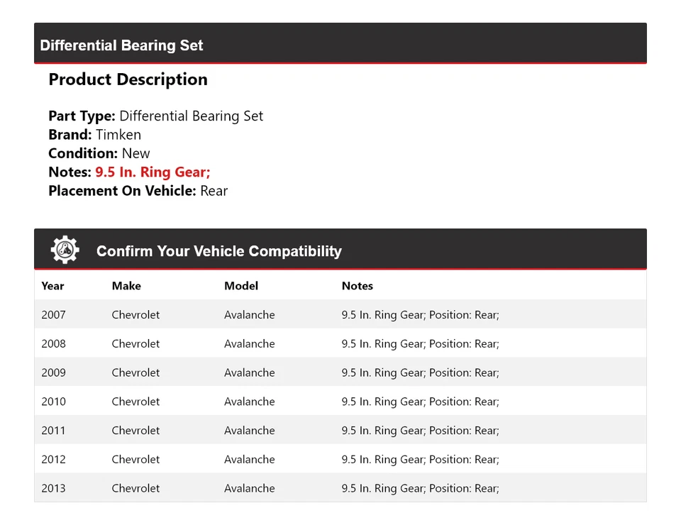 Juego de cojinetes diferenciales traseros Timken 2008 2009 para Chevrolet Avalanche 2007-2013 Foto 2 de 4