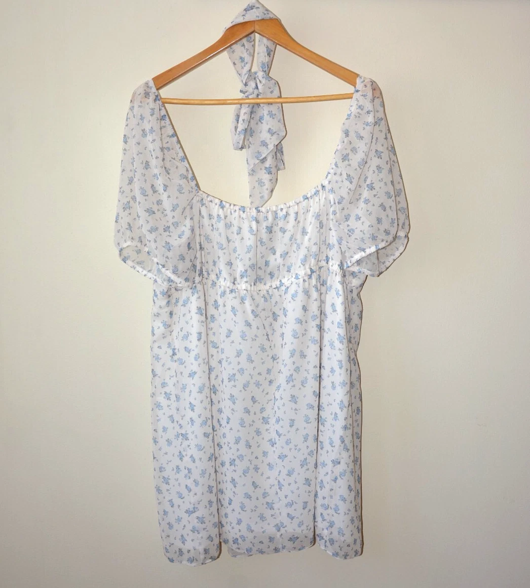 OFF WHITE MINI ABITO EX NEW LOOK OFF BIANCO+BLU DITSY STAMPA FLOREALE FODERATO IN CHIFFON TAGLIA 8 22