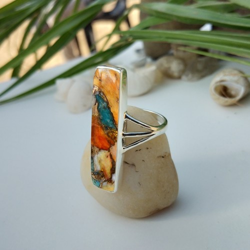 925 Sterling Silver Bridesmaid Gift Spiny Oyster Copper Turquoise Gemstone Ring - Picture 3 of 4