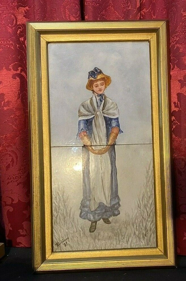 PAR DE AZULEJOS DE RETRATO ANTIGUOS DE PORCELANA MINTON ENMARCADOS LATERALES Foto 3 de 4