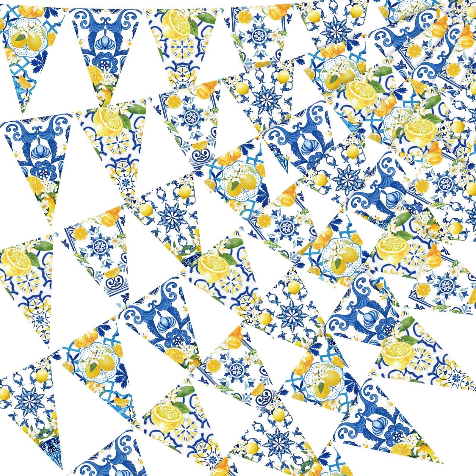 Faccito 5 Pcs Blue Tiles Lemon Decor Lemon Bunting Banners Blue Tiles Paper P...