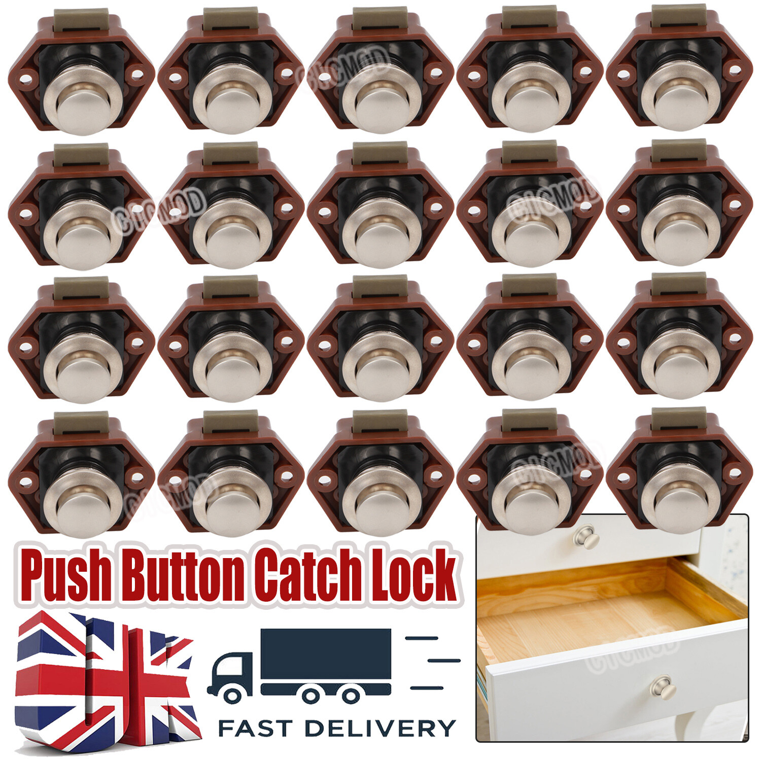 20Pcs Push Button Catch Lock Drawer Cupboard Cabinet Door Knob Campervan Caravan