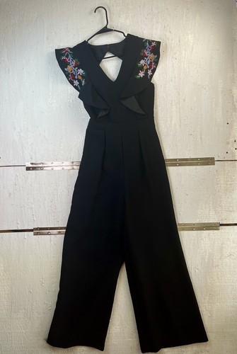 Sugar + Lips Sharon Ruffled Black Embroidered Pant Jumpsuit Size S/M Open Back