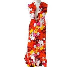 Hawaiian Dress Barkcloth Tiki Orange Tropical Floral V Neck VTG See Size Measure