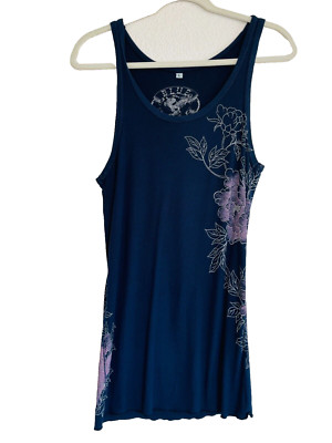 BLUE TATTOO Womens Navy Floral Graphic Ribbed Knit Tank Top Sz L