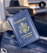Genuine Leather US Passport Cover ID Holder Wallet Travel Case Handmade Blue