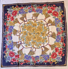 Rolled Edge Drop Multi-Color Floral  Baroque Tassel Scarf 35 x 35 Beautiful