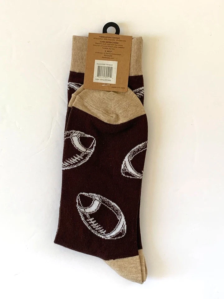 K Bell Mens Crew Socks FOOTBALL 10-13 Brown Cotton Blend NEW - Image 4 of 4