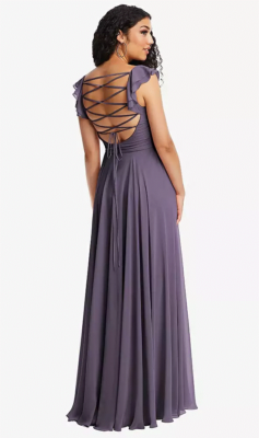 Dessy 8231..Lace Up Open-Back Maxi Dress with Flutter  Sleeves..Lavender..Size 16 | eBay