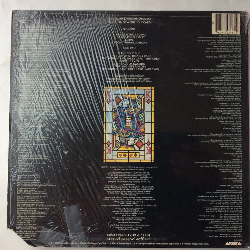 Alan Parsons Project The Turn Of A Friendly Card Vinyl AL9518 Arista 1980 rare - Image 3 of 4