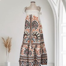 Farm Rio Flower Fan Tapestry Off-White Midi Dress Women's XS Boho Preppy 