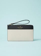 Kate Spade Staci Medium Bicolor Leather L Zip Wristlet Black Beige WLR00116 EUC