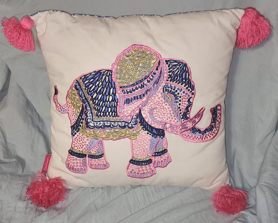 Lilly Pulitzer Embroidered ELEPHANT Toss Pillow 17 x 17 Tassels Pink Decorative - Image 3 of 4