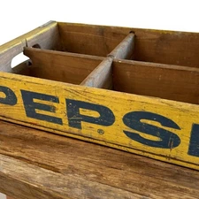 Vintage PEPSI COLA Wooden Soda Crate Case Tray Mustard Paint Color 4 Cubbies