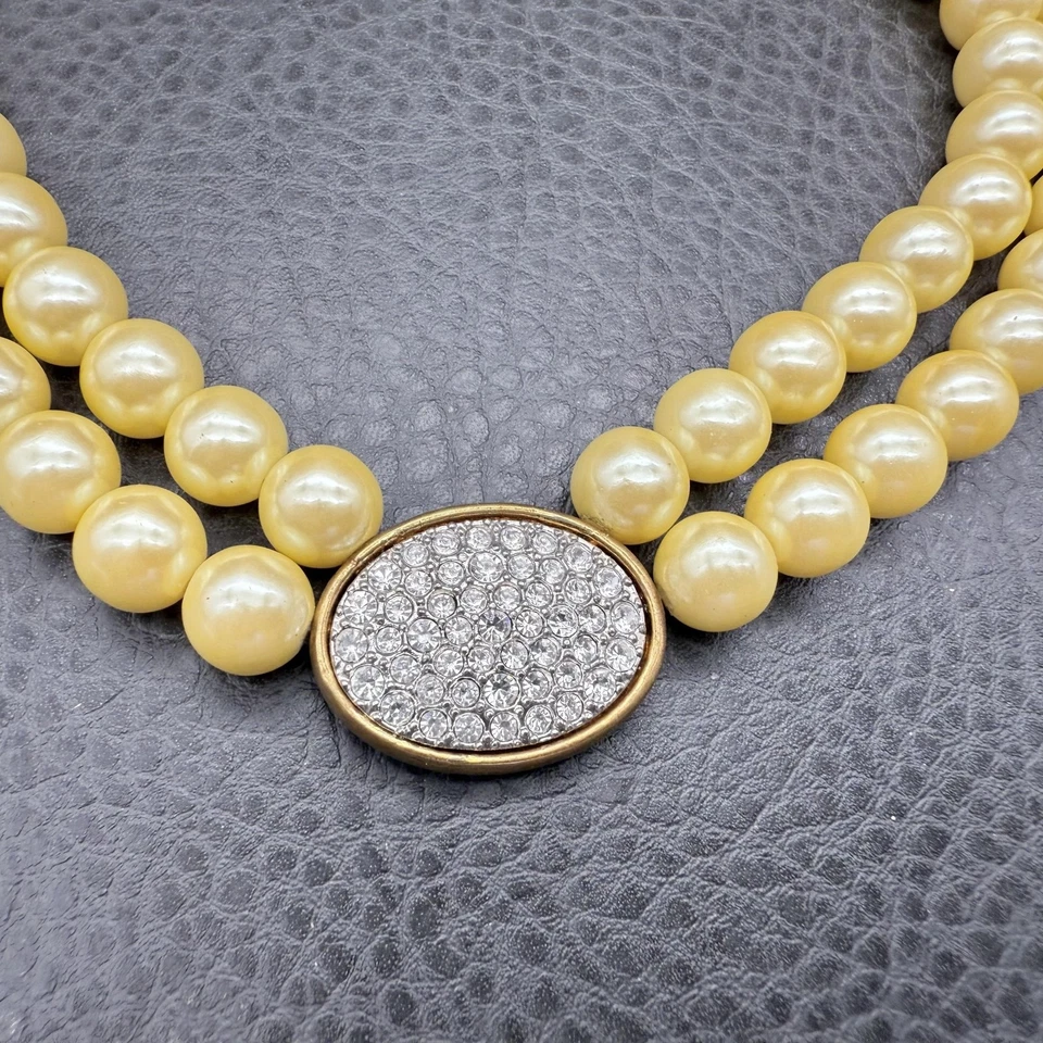 Collar Vintage Avon Doble Hilo Imitación Perla Tono Dorado Cristal Cierre Ovalado 17" Foto 4 de 4