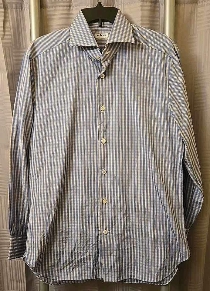 Kiton Dress Shirt Mens 16/41 Blue Pink White Button Up Long Sleeve Plaid Italy - Image 4 of 4