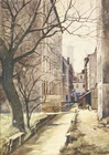 Wohl Erfurt Backyard City View Winter Paulsturm Canal Gouache Circa 1920-30s