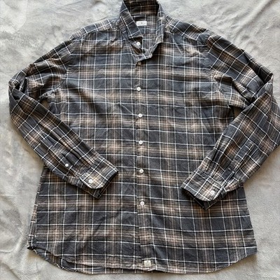 Silvery Sonrisa Luxury Italy Cotton Gray Brown Plaid Stripe Shirt Men s XL