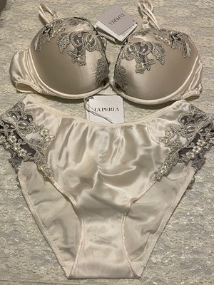 La Perla Maison 38C M Silk Bra Panty Set Frastaglio Embroidery Ivory