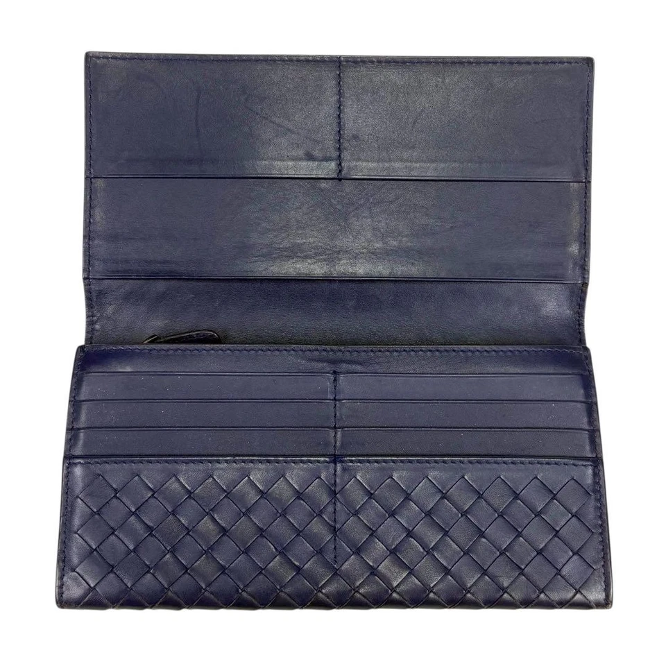 Cartera Larga Bottega Veneta Intrecciato Doble Pliegue Cuero Azul Marino Unisex Hecha en Italia Foto 4 de 4